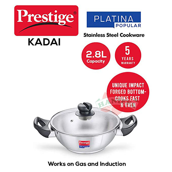 PRESTIGE PLATINA STAINLESS STEEL KADAI 26CM WITH LID Prestige